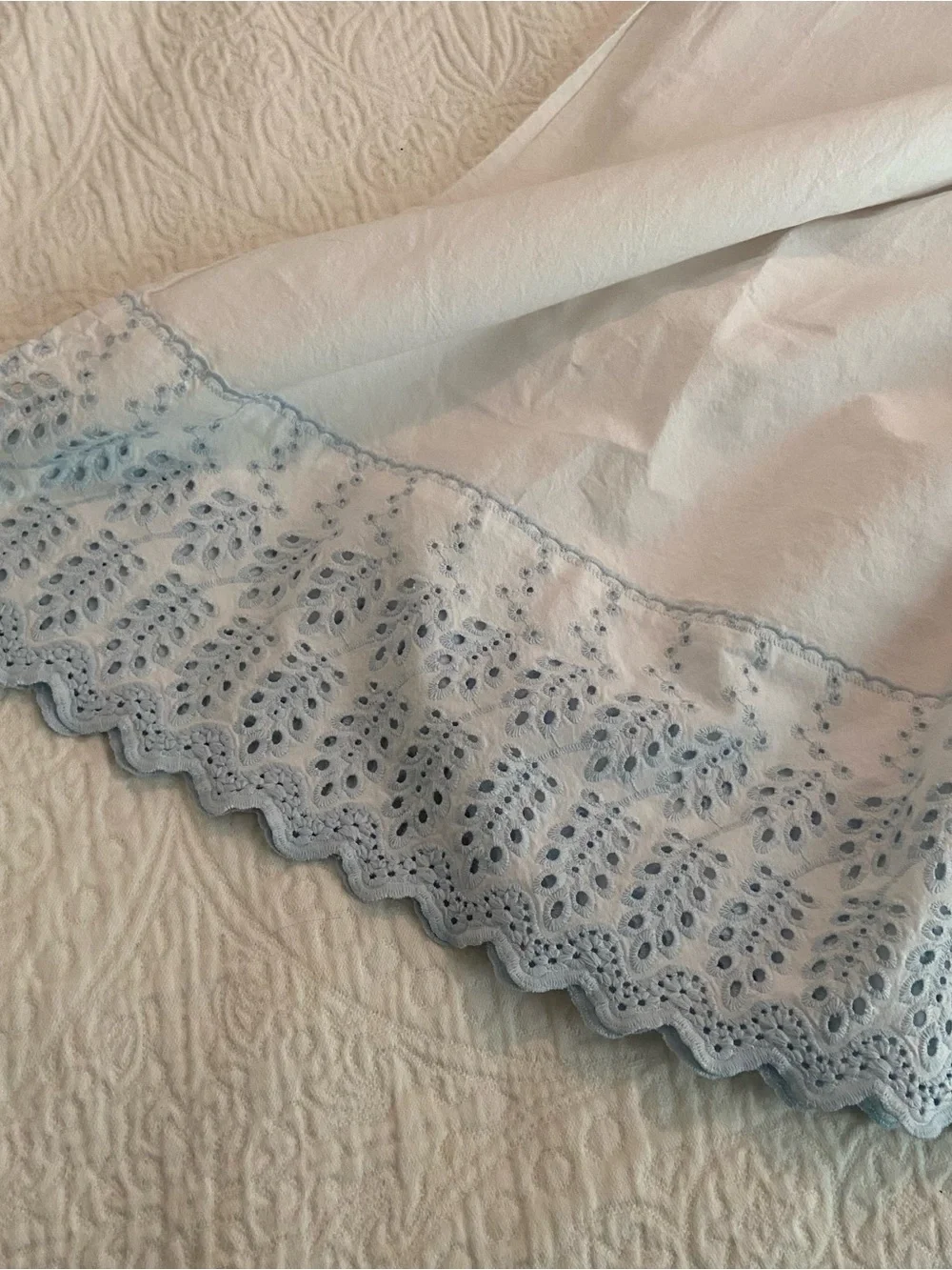 Embroidered Eyelet Hem Cotton Sheet - white with Light Blue Trim